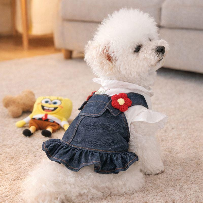 Denim Ruffle Pet Dress with White Blouse and Flower Detail
