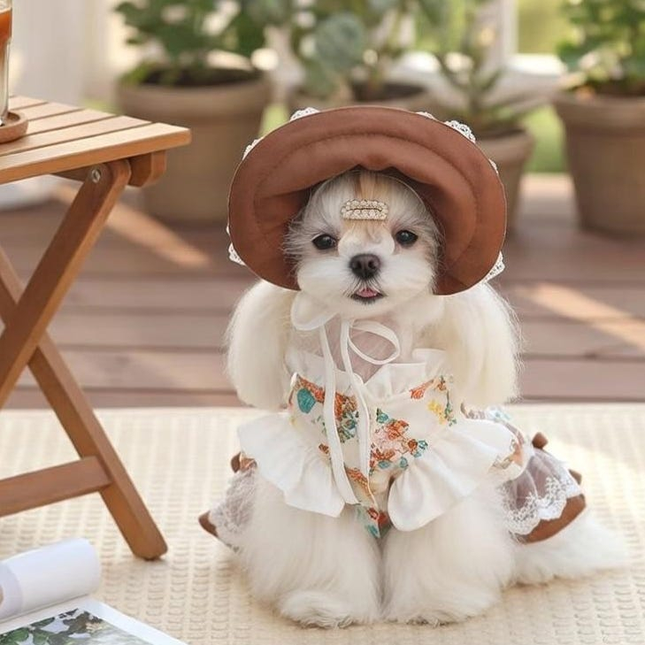 Floral Ruffle Pet Dress with Wide Brim Hat for Small Dogs